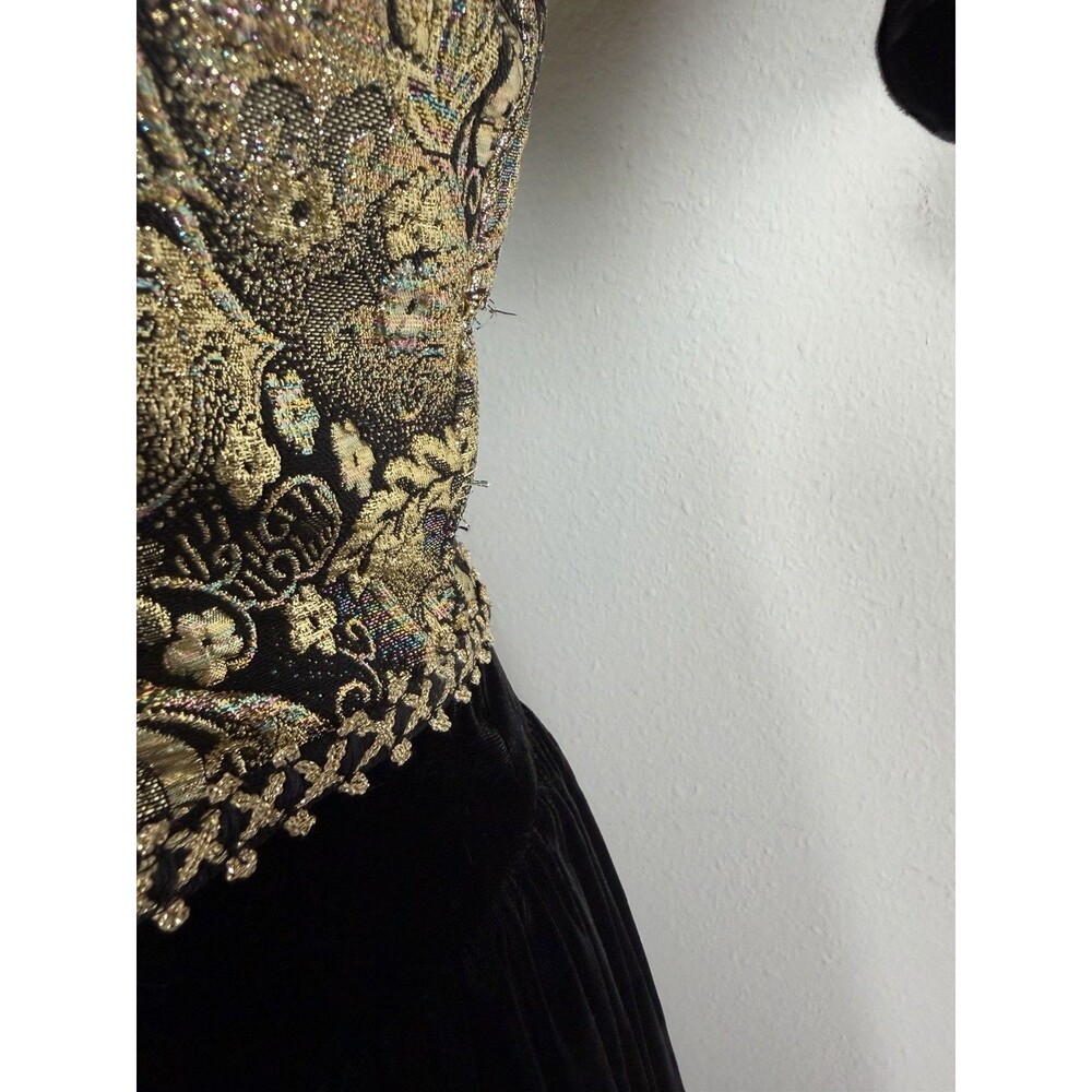 Jessica McClintock Vintage Black Velvet Gold Brocade Dress 12 Prairie Victorian - Picture 3 of 16